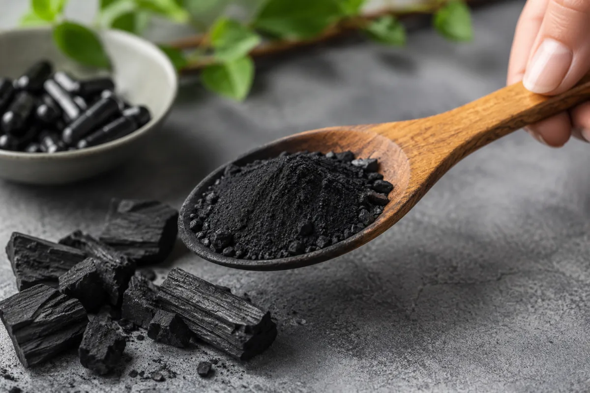 Les bienfaits du charbon actif expliqués sans jargon Gros plan sur une capsule noire de charbon végétal posée dans la paume d'une main ouverte