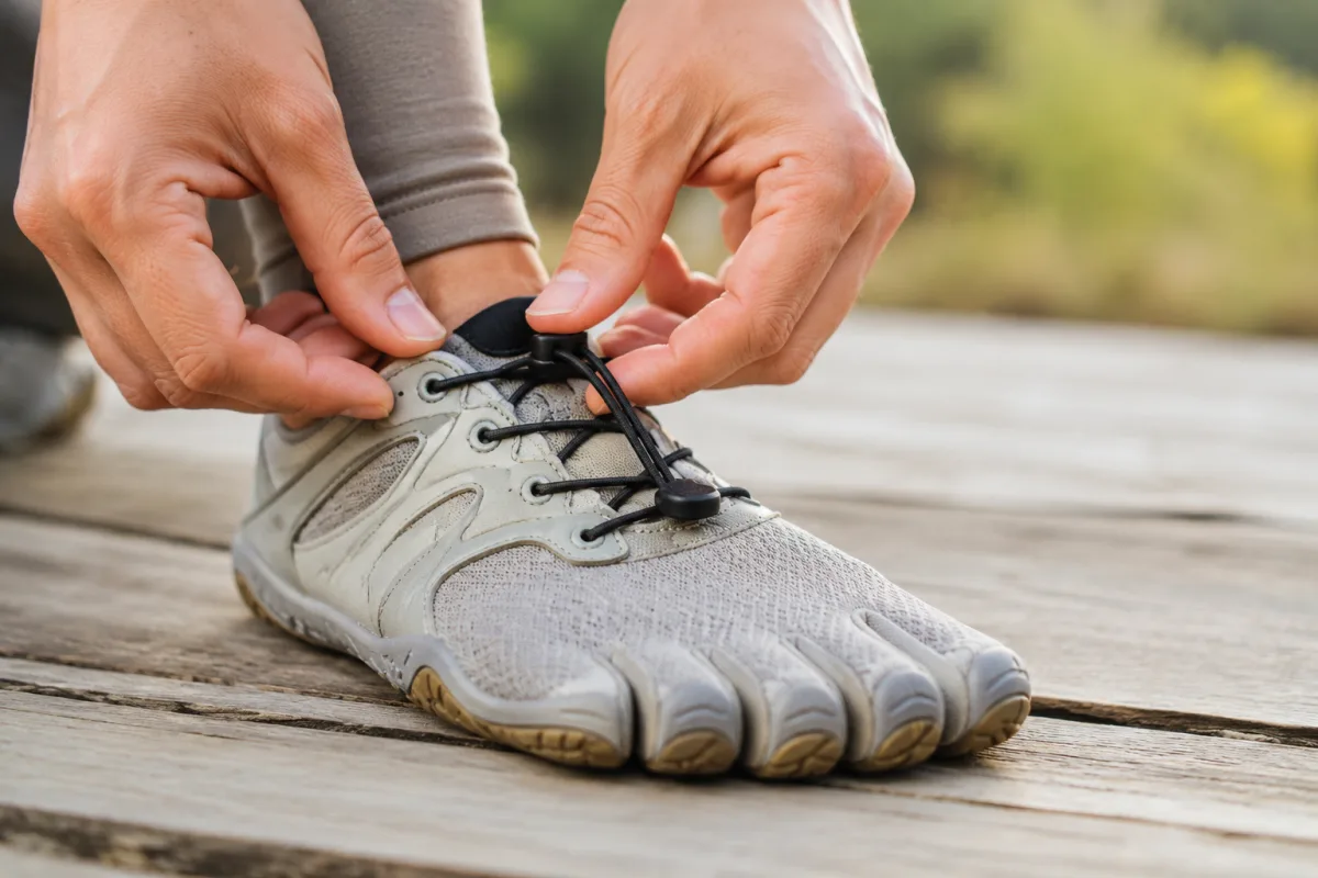Les chaussures barefoot, c'est quoi exactement et pourquoi ça change tout Semelle fine et souple d'une chaussure minimaliste posée sur une surface en bois