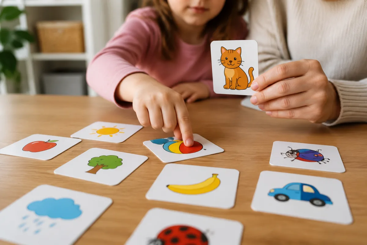 Gros plan sur les mains d'un enfant manipulant des flashcards color&eacute;es avec des mots anglais simples
