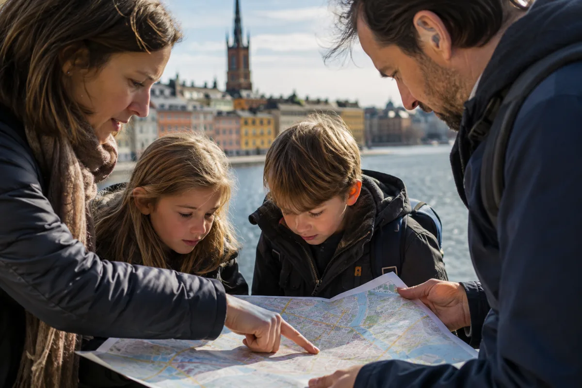 Enfants fascin&eacute;s devant la coque imposante du mus&eacute;e Vasa &agrave; Stockholm lors d'une visite en famille